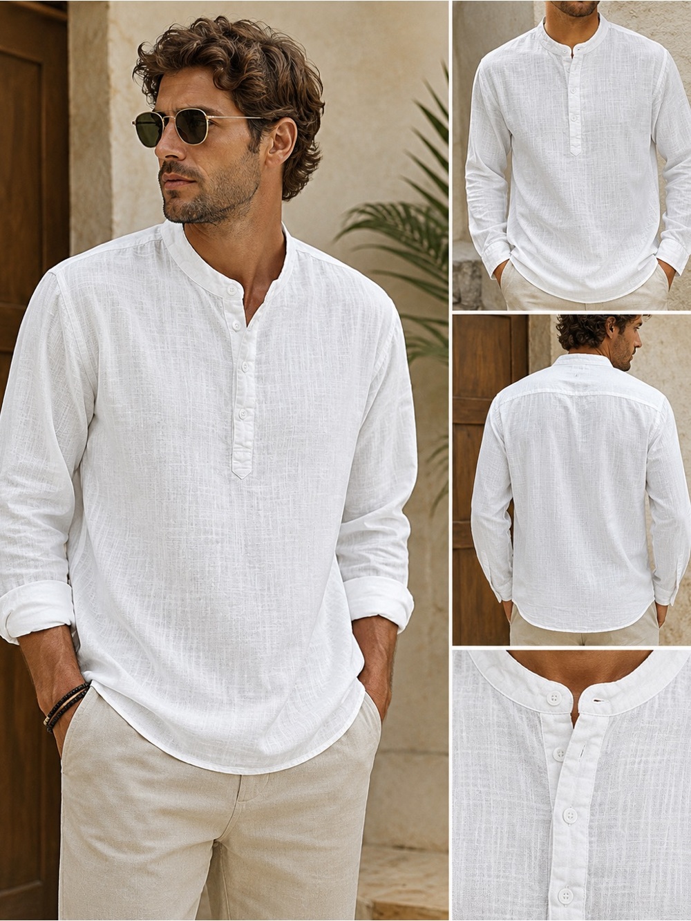COOFANDY XL White Cotton Hemp Henley Roll Tab Beach Resort Shirt
